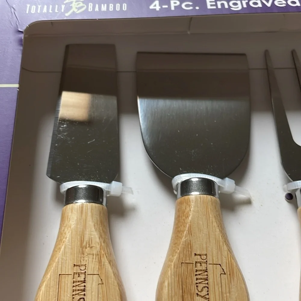 New “Pennsylvania” Engraved Totally Bamboo 4 pc Cheese Tool Set Bamboo handle